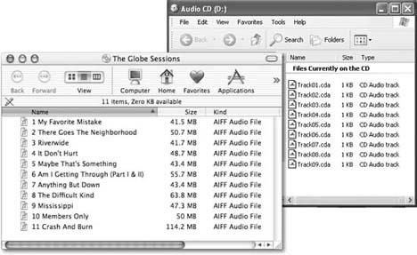 Left: Here’s what a desktop window looks like for a music CD inserted into a Mac. It looks just like an MP3 playlist, except that these AIFF files are much larger. Your computer can play these high-quality files, but they eat up a lot of hard drive space. Right: Audio files are more bashful when a disc is inserted into a Windows drive. The tracks on this Prince CD remain hidden behind tiny pointer files, and you can lure them out only with CD-extraction software.