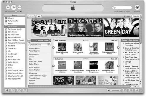 In the store, the Browse button and Search box in the iTunes window perform their song-locating duties on the Store’s inventory. Each genre of music listed in the Choose Genre pop-up menu has its own set of pages.Below it, you can see a lot of the latest Music Store bells and whistles: movie trailers, gift certificates, radio charts, and so on.
