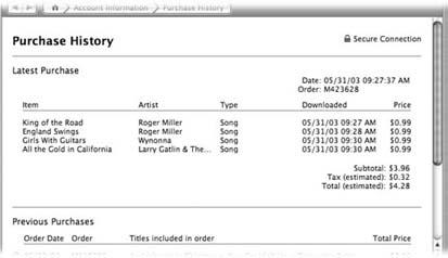 The Purchase History area records all of the songs and albums downloaded and charged to an Apple Account, which can be useful for bracing yourself for the coming credit card bill. The list starts with the most recent ones.