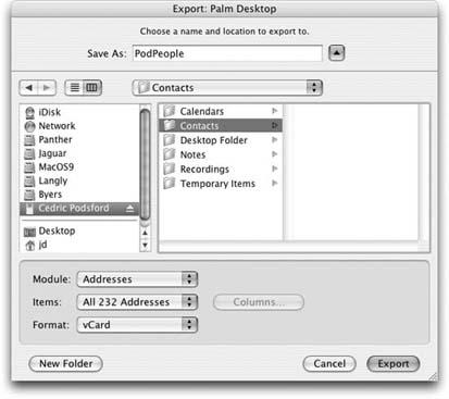 The Export dialog box in Palm Desktop 4.1 for Mac OS X lets you save a copy of your entire address book in one fell swoop. You can save the file right into the Contacts folder on the iPod (if it’s attached) or save it to your hard drive and drag it into the iPod’s Contacts folder the next time you have it hooked up to the Mac.