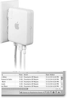 The AirPort Express (top) draws its power from a wall outlet and has jacks on the bottom for connecting an Ethernet cable, a stereo cable, and even a USB printer cable, so you can beam your documents to the connected printer. Once you get the AirPort Express cabled up and ready to go, just select its name in the pop-up menu in iTunes 4.6 or later (bottom) to stream the music from your Mac or PC to the connected stereo or speakers.