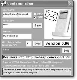 No matter which email program you use, from Outlook Express to Eudora, you just need to know your account’s settings–like user name, password, and mail server name–to set up K-Pod for mobile mail. The program only copies the messages, so you’ll still have them waiting for you the next time you check mail on your PC.