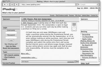 iPoding keeps tabs on all the latest shareware and news. An iPod product guide, links to the VersionTracker site for iPod shareware, and sections covering everything from iPod repair to iPod humor make regular iPoding an entertaining yet educational adventure.