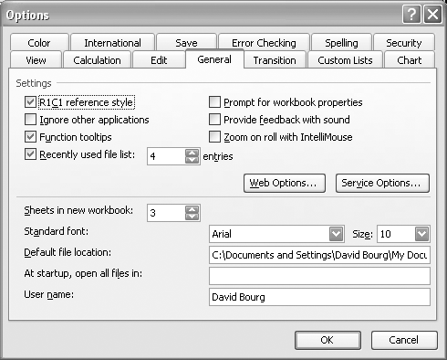 General tab in the Options dialog box