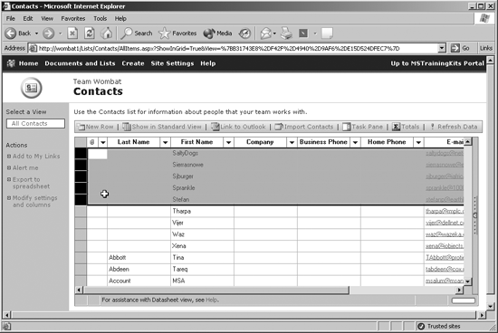 Editing contacts quickly in the datasheet view