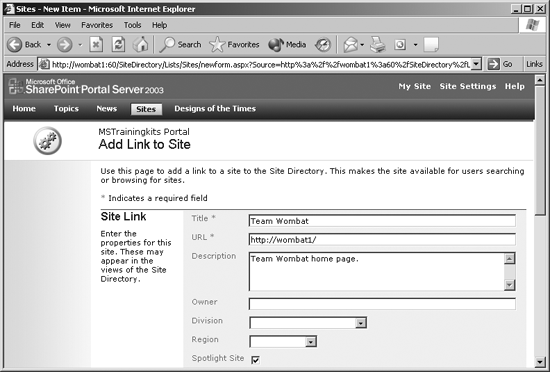 Adding links for existing sites to the portal