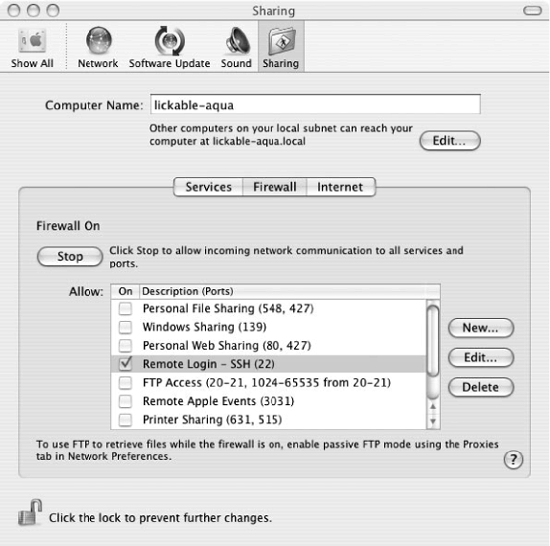 Opening a firewall hole for SSH in System Preferences
