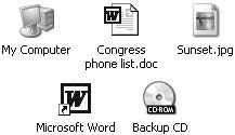 Your Windows world revolves around icons, the tiny pictures that represent your programs, documents, and various Windows components. From left to right: the icons for your computer itself, a word processing document, a digital photo (a JPEG document), a word processor program (Word), and a CD-ROM inserted into your computer.