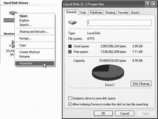 One quick way to find out how much space is left on your hard drive is to right-click the corresponding icon and choose the Properties command (left). The Properties dialog box appears (right), featuring a handy disk-space graph.