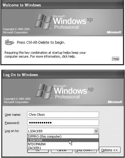 Top: When your computer is a member of a network domain, you’re probably greeted by this message when you start up the PC. To proceed, press Ctrl+Alt+Del (a ritual that may be familiar if you’ve used Windows 2000). Bottom: This is the Classic Logon dialog box, which appears next. Type your name and password and then click OK or press Enter.