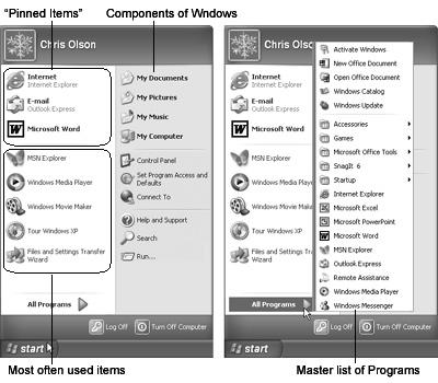 Left: In Windows XP, the Start menu is divided into several distinct sections. The top left section is yours to play with. You can “pin” whatever programs you want here, in whatever order you like. The lower-left section lists the programs you use most often, according to Windows XP’s calculations. (You can delete individual items here but you can’t add items manually or rearrange them.) The right-side column provides direct access to certain Windows features and standard Windows programs. Right: The All Programs menu superimposes itself on the standard two-column Start menu, listing almost every piece of software you’ve ever installed. You can rearrange, add to, or delete items from this list.