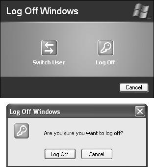 Top: On workgroup computers, if Fast User Switching is turned on, this is what you see when you choose Start→Log Off. No matter which button you click, you return to the Welcome screen. The only difference is that clicking the Switch User button leaves all of your programs open and in memory, and the Log Off button takes a few moments to close them. Bottom: On domain-network computers (or any computer where Fast User Switching is turned off), a dialog box like this appears when you choose Start→Log Off. If you click the Log Off button, Windows quits your programs and then takes you to the Classic Logon dialog box.