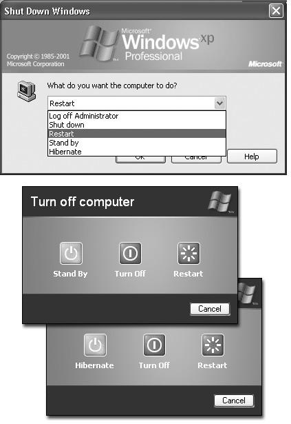 Just how off is off? Top: Here’s what you probably see if you work in a company with a domain network. Click the command in the drop-down menu that corresponds to the degree of down-ness you want—Log Off, Shut Down, Restart, Standby, Hibernate, or Disconnect. Or type the first letter of the command you want. (For Standby, press S twice.) Bottom: On a workgroup PC, your Shut Down dialog box may look like this instead. As you see here, the secret Hibernate button appears only when you press the Shift key.