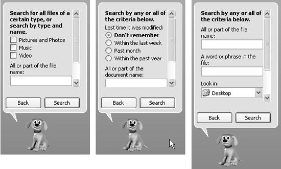 Left: This panel appears to help you search for multimedia files. Middle: You’re all set to search for documents that you’ve created or downloaded. Right: This kind of search is slower, but more complete—it searches for everything, including program files and Windows system files. (It doesn’t, however, search for metadata in picture, movie, and music files, as does the first kind of search.)