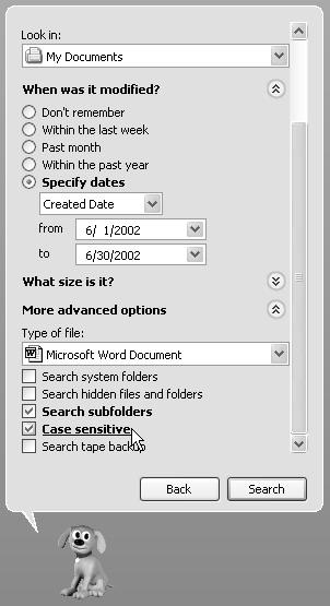 By clicking the double-down-arrow circle buttons, you can expand the Search panel considerably (shown here scrolled down so far that you can’t even see the file names you’re searching for). The search shown here will find Word documents created during June 2002 in the My Documents folder.