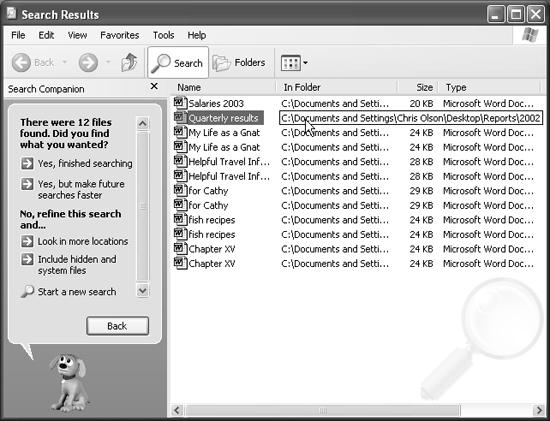You can manipulate the list of found files much the way you’d approach a list of files in a standard folder window. For example, you can highlight something in the list by typing the first couple of letters of its name, or move up or down the list by pressing the arrow keys. You can also highlight multiple icons simultaneously. Highlight all of them by choosing Edit→Select All, highlight individual items by Ctrl-clicking them, drag vertically over the list to enclose a cluster of them, and so on.