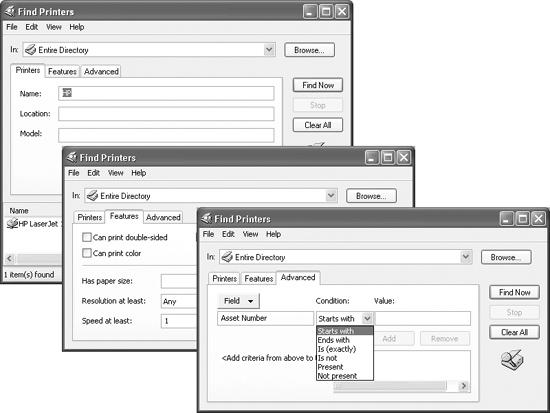 The Find Printers dialog box lets you refine your search criteria using the Printer, Features, and Advanced tabs. Left: The Printer tab lets you enter basic search information. Middle: On the Features tab, you can get more specific in your search for the perfect printer: whether it prints in color or on both sides of the paper, for example. Right: The Advanced tab affords you the most specific search of all. You can use formulas to specify search criteria like the language the printer “speaks” or the minimum print resolution you need.