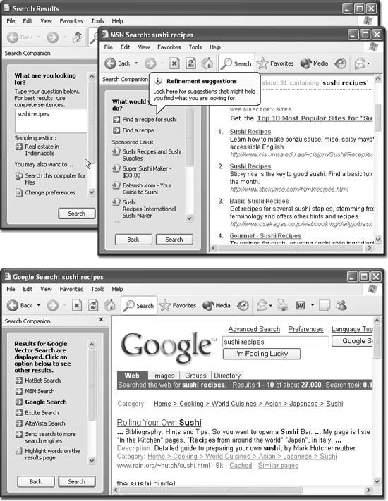 Top left: When you search the Internet, don’t mind the “Sample question” that appears beneath the search blank; it’s simply designed to give you some ideas of the ways you can phrase your search requests. Top right: You get a list of Web pages that contain the text you seek, along with some suggestions on ways to “refine your search” (such as visiting Microsoft’s commercial partners to buy books, music, and so on). The best part is the “Automatically send your search to other search engines” link (not shown). If you click it, Windows puts each of the major search pages only one click away. Bottom: From here, you can generally read the first paragraph of text that appears on the Web page, go to the page by clicking its link, and so on.