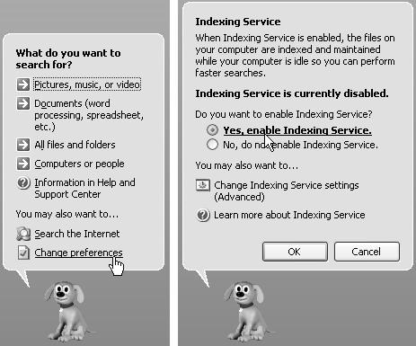 Left: To turn on the Indexing Service, open the Search panel and then click “Change preferences.” On the next panel, click “With Indexing Service” (for faster local searches).” Right: Click “Yes, enable Indexing Service.” The Indexing Service starts and works automatically in the background, creating a file that takes up about 25 percent as much disk space as the documents it indexes. (It tosses out unhelpful words like the, of, and a, and performs other compression tricks to reduce the index file size.)