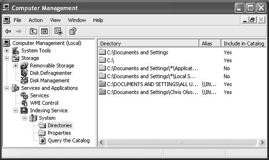 Power users have vast amounts of control over what gets cataloged when Indexing Service is set loose. This display, for example, offers Yes and No indicators regarding which folders have been indexed. To get here, choose Start→Control Panel→Administrative Tools→Computer Management. In the list, click the + buttons to expand Services and Applications, then Indexing Service, then System.
