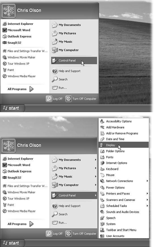 Top: When “Display as a link” is selected for Control Panel, you, like generations of Windows users before you, can’t open a particular Control Panel program directly from the Start menu. Instead, you must choose Start→Control Panel, which opens the Control Panel window; now it’s up to you to open the program you want. Bottom: Turning on “Display as a menu” saves you a step. You now get a submenu that lists each program in the Control Panel folder. By clicking one, you can open it directly. This feature saves you the trouble of opening a folder window (such as Control Panel or My Documents), double-clicking an icon inside it, and then closing the window again.