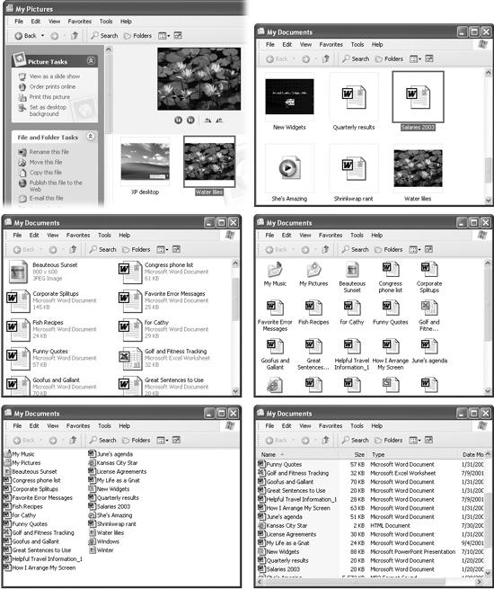The new Filmstrip view (upper left) creates a slide show right in the folder window. Thumbnails view (upper right) is also good for photos—or anyone who would like a larger target for clicking each icon. (Tip: If you press Shift as you switch to Thumbnails view, you hide the file names. Do it again to bring the names back.) In the new Tiles view (middle left), your icons appear at standard size, sorted alphabetically into vertical columns—with name and file details just to the right. Icons view (middle right) sorts the icons horizontally in rows, displaying only their names. The List view (lower left) packs, by far, the most files into the space of a window. Details view (lower right) is the same as List view, except for the additional columns of information that reveal the size, the icon type, and the date and time the item was last modified.