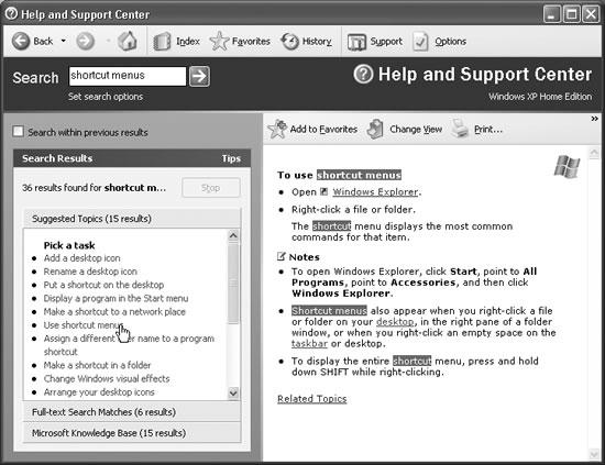 Each document title in the list on the left is a link that opens up a help page on the right side of the menu. (The dark highlighting shows matches for your search phrase.) The results are divided into three different categories— Suggested Topics (fast but limited), Full-text Search Matches (slower but more complete), and Microsoft Knowledge Base (Internet-based). Click the appropriate category name.