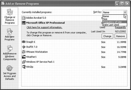 To vaporize a program, click its name to reveal its gray, highlighted panel, as shown here, and then click the Remove button. You can use the “Sort by” drop-down menu to sort the list by Frequency of Use or Date Last Used. (Note, though, that Windows doesn’t keep perfect track of all types of programs, especially those that run in the background, so these statistics are likely to be unreliable.)