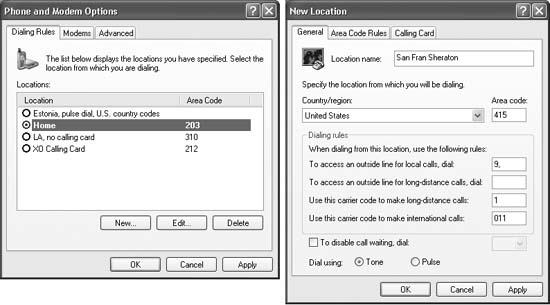 Left: This dialog box has two priorities: to establish rules for dialing out, and to define as many different sets of rules for dialing as you need. If you’re setting up dialing properties for a desktop computer, you won’t need to change these settings after the first successful call. Right: Setting up a new dialing rule.