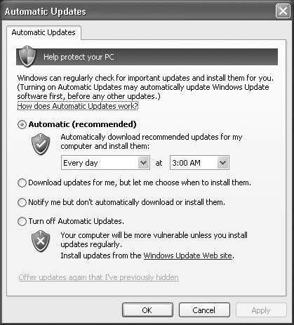 If you turn on Windows XP’s auto-update- installation feature—and Microsoft is practically frantic that you do so—you can ask to be notified either before the software patch is downloaded (third choice) or after it’s been downloaded and is ready to install (second choice). You can also permit the updates to be updated and then installed automatically, on a schedule that you specify (top choice).