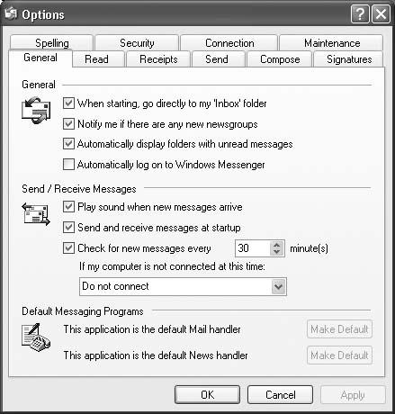 The Options dialog box has ten tabs, each loaded with options. Most tabs have buttons that open additional dialog boxes. Coming in 2007: Outlook Express Options: The Missing Manual.