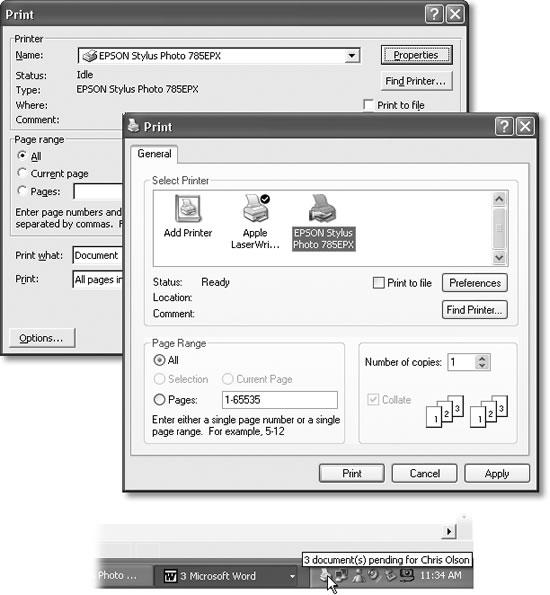 Top: The options in the Print dialog box are different on each printer model and each application, so your Print dialog box may look slightly different. For example, here are the Print dialog boxes from Microsoft Word and WordPad. Most of the time, the factory settings shown here are what you want (one copy, print all pages). Just click OK or Print (or press Enter) to close this dialog box and send the document to the printer. Bottom: During printing, the tiny icon of a printer appears in your notification area. Pointing to it without clicking produces a pop-up tooltip like this that reveals the background printing activity.