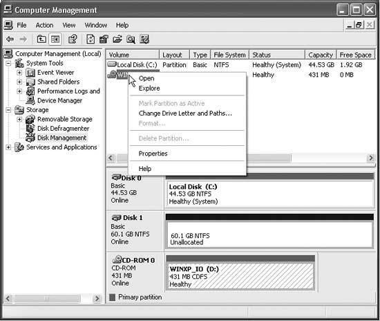 The Drive Management window is part of the much bigger, much more technical entity known as the Computer Management console. You access it by clicking Disk Management (in the left-side pane). Then you can operate on your drives by right-clicking them. Don’t miss the View menu, by the way, which lets you change either the top or the bottom display. For example, you can make them display all of your disks instead of your volumes (there’s a difference).