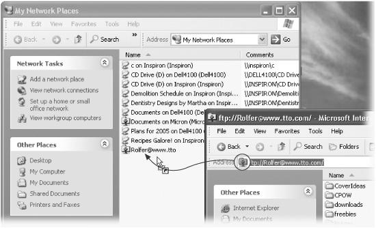 If you’ve already connected to some network server—whether on your network or on the Internet— here’s a very quick way to create a shortcut of it on your desktop for faster access next time. Just drag the tiny folder icon out of the Address bar. (You can put it on your desktop or, if it feels more consistent to do so, into your My Network Places folder.)