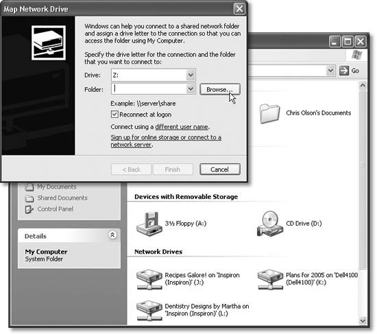 Top: The “Reconnect at logon” option tells Windows to locate the share and map this drive letter to it every time you start your computer. Bottom: Once you’ve mapped a few folders or disks to their own letters, they show up in the Network Drives group within your My Computer window. (Note the drive letters in parentheses—in this example, J:, K:, and L:.)