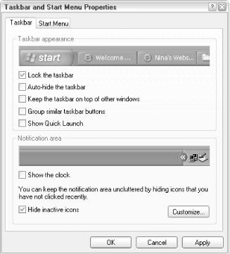 Use Taskbar and Start Menu Properties to specify your preferences for your Start menu, Taskbar, and Notification Area (Tray)