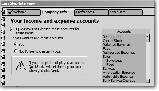 If the accounts are close enough, choose Yes to start with this list of accounts. Later, when you’ve finished the EasyStep Interview,EasyStep Interviewyou can edit, add, or delete accounts (Chapter 2). If you want to create your own accounts, choose “No, I’d like to create my own.” You don’t actually create the accounts in the EasyStep Interview. Instead, exit the Interview and create them from the Chart of Accounts window (Chapter 2). By doing so, you can include account numbers and other fields.