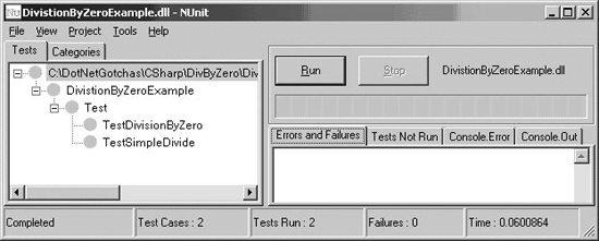 NUnit GUI output for code in Example 1-16