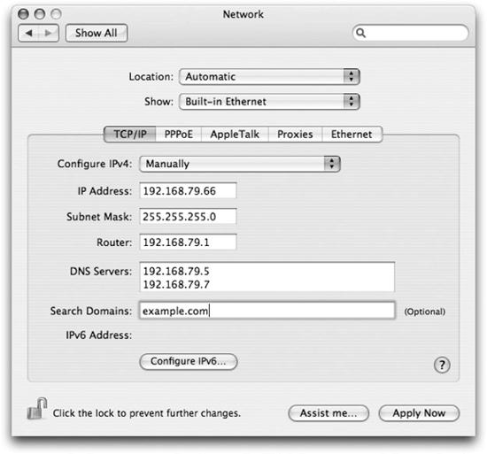 Manually configuring network settings in the Network preference panel