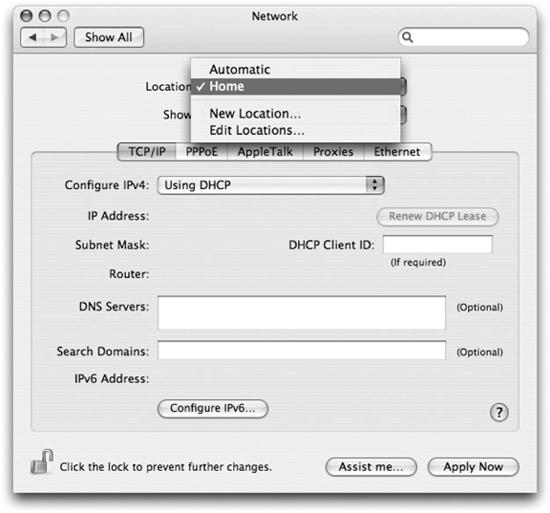 Using the Location pull-down menu in the Network preference panel