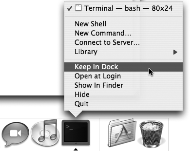 Control-click the Terminal’s Dock icon, and select “Keep In Dock” from its contextual menu so it will always be there when you need it