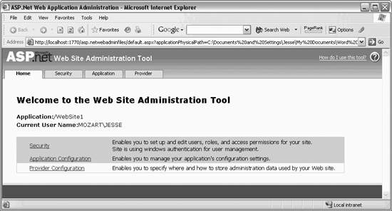 Web Site Application Administration Tool