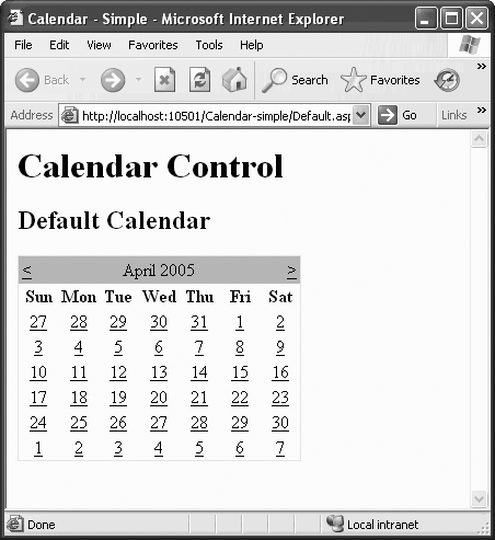 A default Calendar control