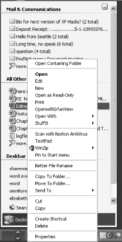 Right-clicking a Word document to get a list of options
