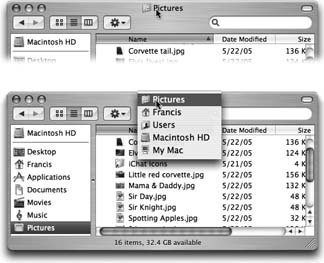 Press ⌘ and click a window's title bar (top) to summon the hidden folder hierarchy menu (bottom)The Finder isn't the only program that offers this trick, by the way. It also works in most other Mac OS X–compatible programs, and even many Mac OS 9 programs. For example, you can ⌘-click a document window's title to find out where the document is actually saved on your hard drive.