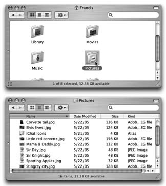 In an effort to help you avoid window clutter, Apple has designed Mac OS X windows so that double-clicking a folder in a window (top) doesn't actually open another window (bottom). Every time you double-click a folder in an open window, its contents replace whatever was previously in the window. If you double-click three folders in succession, you still wind up with just one open window.