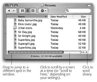 Three ways to control a scroll. The scroll bar arrows (lower right) appear nestled together when you first install Mac OS X, as shown here. If you, an old-time Windows or Mac OS 9 fan, prefer these arrows to appear on opposite ends of the scroll bar, visit the Appearance panel of System Preferences, described on Section 7.2.6.1.