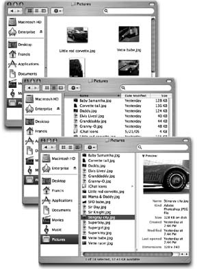 From top: The same window in icon view, list view, and column view. Very full folders are best navigated in list or column views, but you may prefer to view emptier folders in icon view, because larger icons are easier to click.Remember that in any view (icon, list, or column), you can highlight an icon by typing the first couple letters of its name. In icon or list view, you can also press Tab to highlight the next icon (in alphabetical order), or Shift-Tab to highlight the previous one.