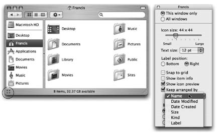 Use the View Options dialog box (right) to turn on permanent-cleanliness mode (left). A tiny four-square icon (circled) appears to remind you that you've turned on the Mac's spatial lockjaw feature, so that you don't get frustrated when you try to drag an icon into a new position and then discover that it won't budge.