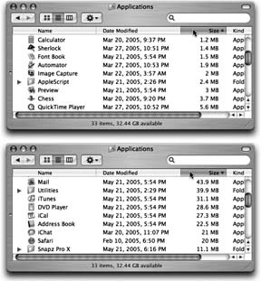 You control the sorting order of a list view by clicking the column headings (top). Click a second time to reverse the sorting order (bottom).You'll find the identical triangle—indicating the identical information—in email programs, in iTunes, and anywhere else where reversing the sorting order of the list can be useful.